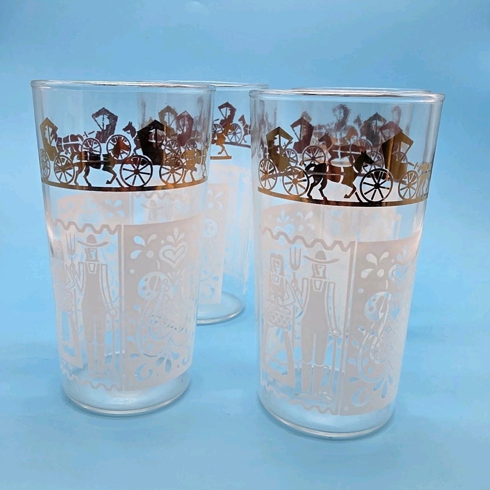Set 4 American Gothic Amish Carriage Buggy Wagon Gold White 4 3/4" Glasses